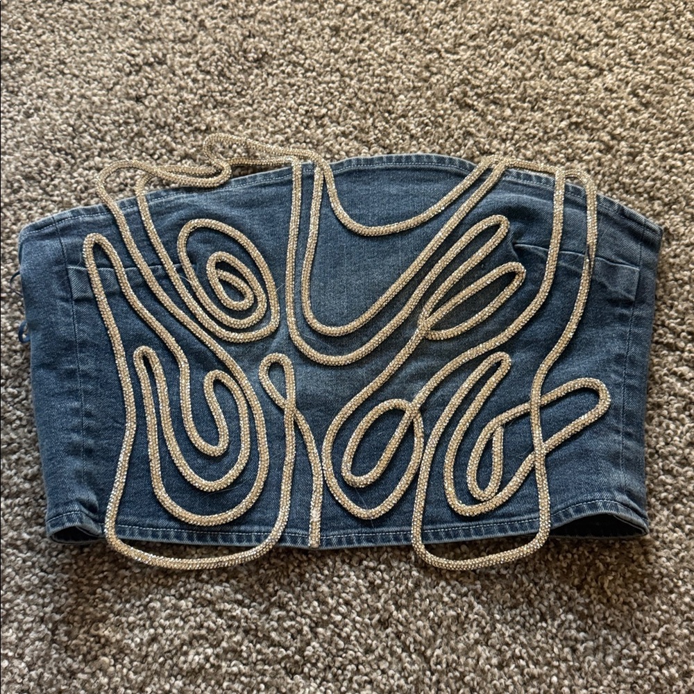 WOBBLY RHINESTONE DENIM CORSET TOP - S